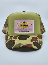 Load image into Gallery viewer, Bape Camo &amp; Olive Green with Pink Patch - 5 Panel High Crown RS Trucker Hat
