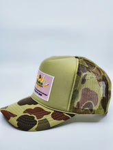 Load image into Gallery viewer, Bape Camo &amp; Olive Green with Pink Patch - 5 Panel High Crown RS Trucker Hat
