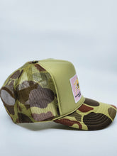 Load image into Gallery viewer, Bape Camo &amp; Olive Green with Pink Patch - 5 Panel High Crown RS Trucker Hat
