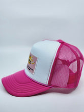 Load image into Gallery viewer, Neon Pink &amp; White with Pink Patch - 5 Panel High Crown RS Trucker Hat
