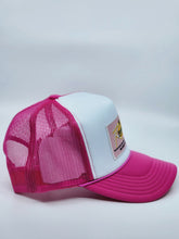 Load image into Gallery viewer, Neon Pink &amp; White with Pink Patch - 5 Panel High Crown RS Trucker Hat
