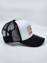 Load image into Gallery viewer, Black &amp; White with Pink Patch - 5 Panel High Crown RS Trucker Hat
