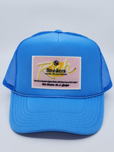 Load image into Gallery viewer, Neon Blue with Pink Patch - 5 Panel High Crown RS Trucker Hat
