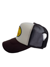 Load image into Gallery viewer, Two Toned Brown &amp; Tan with Celebration Logo- 5 Panel High Crown Trucker Hat
