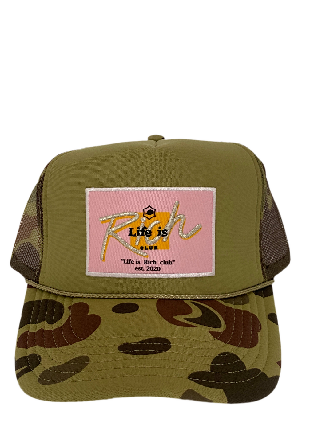 Bape Camo & Olive Green with Pink Rich Box Logo- 5 Panel High Crown Trucker Hat