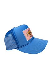 Load image into Gallery viewer, Carolina Blue with Pink Rich Box Logo- 5 Panel High Crown Trucker Hat
