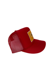 Load image into Gallery viewer, Red with Gold Rich Box Logo - 5 Panel High Crown Kids Trucker Hat
