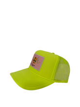 Load image into Gallery viewer, Neon Yellow with Pink Rich Box Logo- 5 Panel High Crown Trucker Hat
