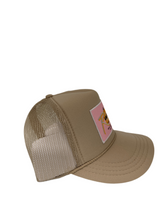 Load image into Gallery viewer, Khaki with Pink Rich Box Logo - 5 Panel High Crown Kids Trucker Hat
