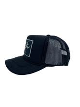 Load image into Gallery viewer, All Black with Black Rich Box logo- 5 Panel High Crown Kids Trucker Hat.
