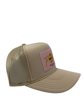 Load image into Gallery viewer, Bone Tan with Pink Rich Box Logo - 5 Panel High Crown Trucker Hat
