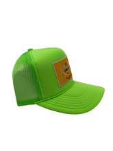 Load image into Gallery viewer, Neon Green with Gold Rich Box Logo- 5 Panel High Crown Trucker Hat
