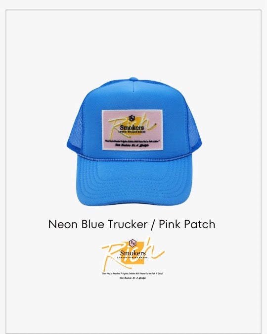 Neon Blue with Pink Patch - 5 Panel High Crown RS Trucker Hat