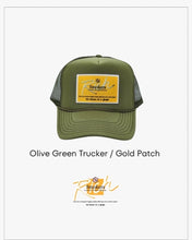 Load image into Gallery viewer, Olive Green with Gold Patch - 5 Panel High Crown RS Trucker Hat
