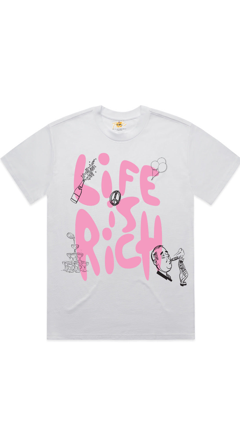 Life is Rich bubble graphic white t-shirt/ pink