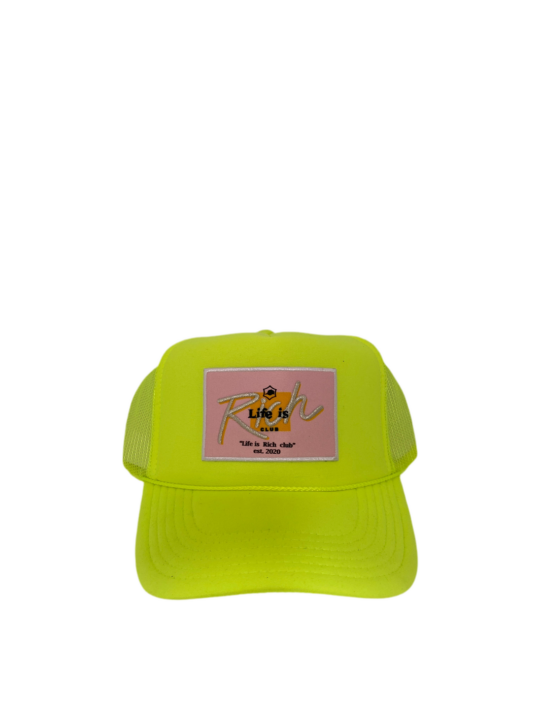 Neon Yellow with Pink Rich Box Logo- 5 Panel High Crown Trucker Hat