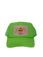 Load image into Gallery viewer, Neon Green with Pink Rich Box Logo- 5 Panel High Crown Trucker Hat
