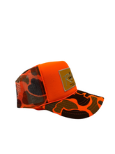 Load image into Gallery viewer, Neon Orange Camo with Gold Rich Box Logo- 5 Panel High Crown Trucker Hat
