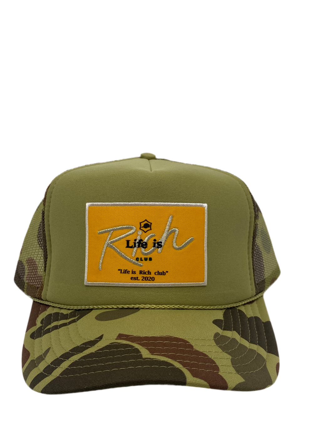 Bape Camo & Olive Green with Gold Rich Box Logo- 5 Panel High Crown Truscker Hat