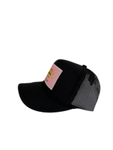 Load image into Gallery viewer, All Black with Pink Rich Box Logo - 5 Panel High Crown Kids Trucker Hat
