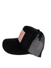 Load image into Gallery viewer, Black with Pink Rich Box Logo- 5 Panel High Crown Trucker Hat
