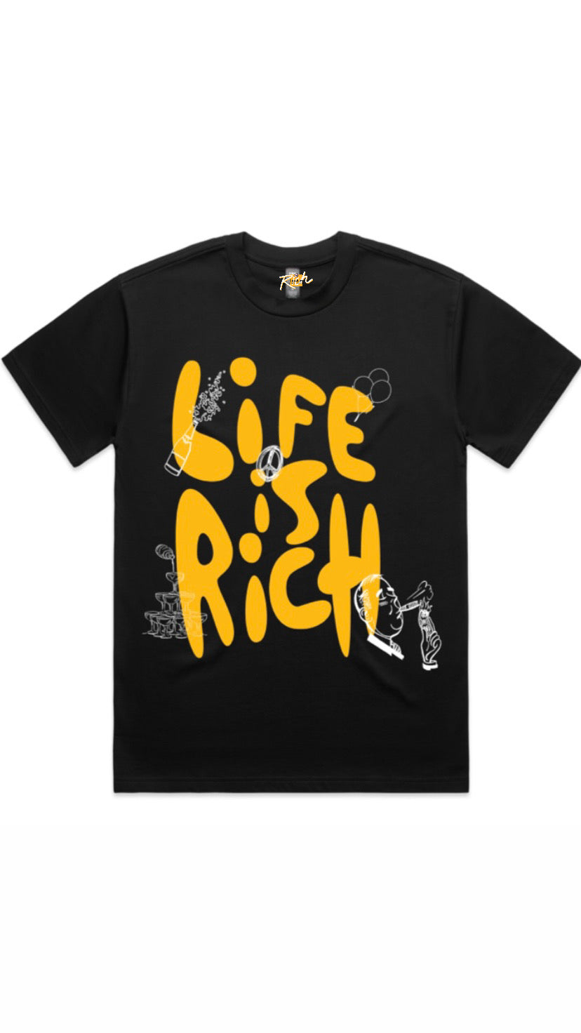 Life is Rich bubble graphic Black t-shirt / yellow gold