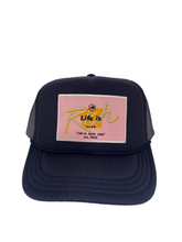 Load image into Gallery viewer, Navy Blue with Pink Rich Box Logo - 5 Panel High Crown Kids Trucker Hat
