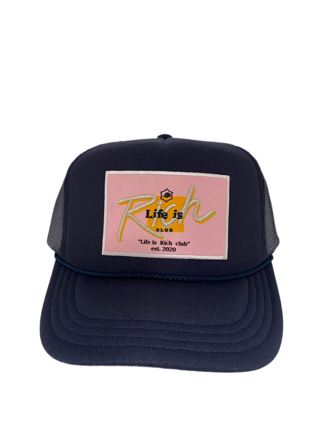 Navy Blue with Pink Rich Box Logo - 5 Panel High Crown Kids Trucker Hat