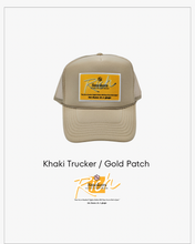 Load image into Gallery viewer, Khaki with Gold Patch - 5 Panel High Crown RS Trucker Hat
