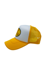 Load image into Gallery viewer, Two Toned Golden Yellow &amp; White with Celebration Logo- 5 Panel High Crown Trucker Hat
