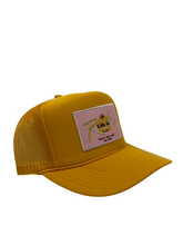 Load image into Gallery viewer, Yellow Gold with Pink Rich Box Logo- 5 Panel High Crown Trucker Hat
