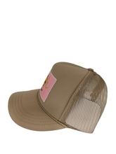 Load image into Gallery viewer, Khaki with Pink Rich Box Logo - 5 Panel High Crown Kids Trucker Hat

