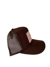Load image into Gallery viewer, Brown with Pink Rich Box Logo- 5 Panel High Crown Trucker Hat
