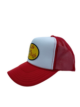 Load image into Gallery viewer, Two Toned Red &amp; White with Celebration Logo- 5 Panel High Crown Trucker Hat
