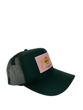 Load image into Gallery viewer, Hunter Green with Pink Rich Box Logo- 5 Panel High Crown Trucker Hat
