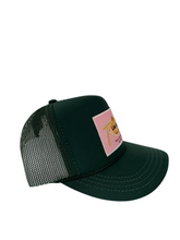 Load image into Gallery viewer, Hunter Green with Pink Rich Box Logo - 5 Panel High Crown Kids Trucker Hat
