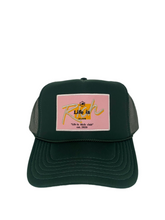 Load image into Gallery viewer, Hunter Green with Pink Rich Box Logo- 5 Panel High Crown Trucker Hat
