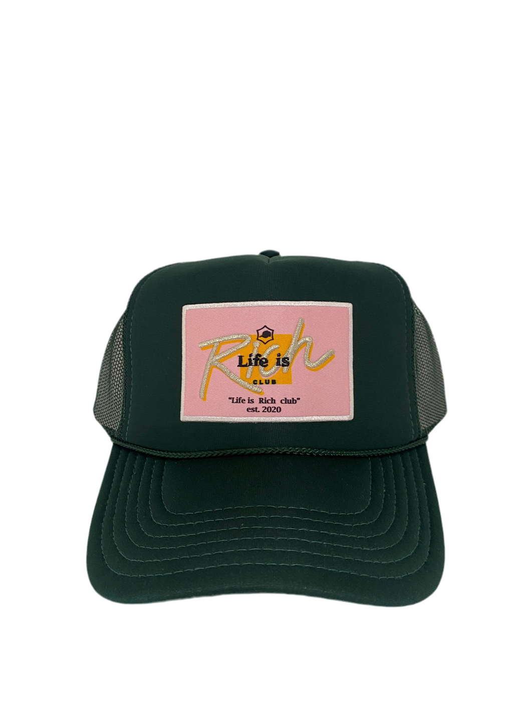 Hunter Green with Pink Rich Box Logo- 5 Panel High Crown Trucker Hat