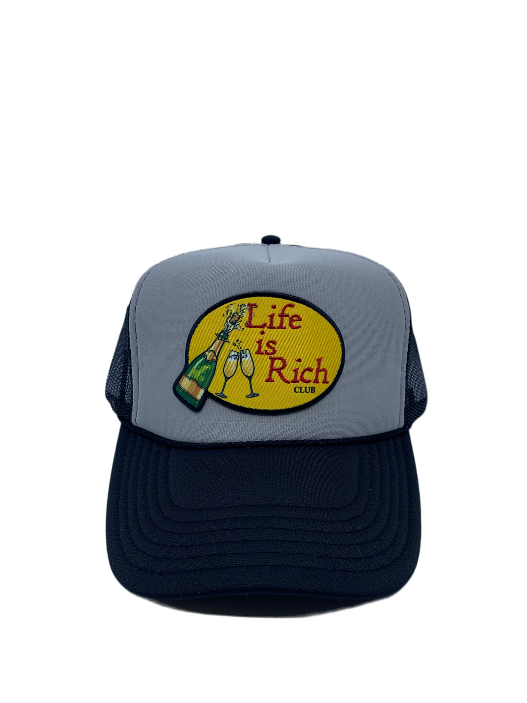 Two Toned Black & Grey with Celebration Logo- 5 Panel High Crown Trucker Hat