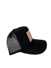 Load image into Gallery viewer, Black with Pink Rich Box Logo- 5 Panel High Crown Trucker Hat

