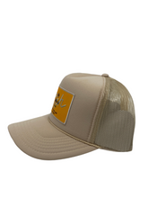 Load image into Gallery viewer, Bone Tan with Gold Rich Box Logo- 5 Panel High Crown Trucker Hat
