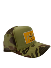 Load image into Gallery viewer, Bape Camo &amp; Olive Green with Gold Rich Box Logo- 5 Panel High Crown Truscker Hat
