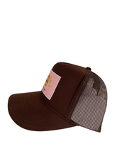 Load image into Gallery viewer, Brown with Pink Rich Box Logo- 5 Panel High Crown Trucker Hat
