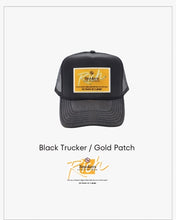 Load image into Gallery viewer, Black with Gold Patch - 5 Panel High Crown RS Trucker Hat
