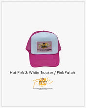 Load image into Gallery viewer, Neon Pink &amp; White with Pink Patch - 5 Panel High Crown RS Trucker Hat
