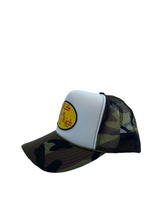 Load image into Gallery viewer, Two Toned Camo &amp; White with Celebration Logo- 5 Panel High Crown Trucker Hat
