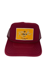 Load image into Gallery viewer, Burgundy with Gold Rich Box Logo - 5 Panel High Crown Trucker Hat
