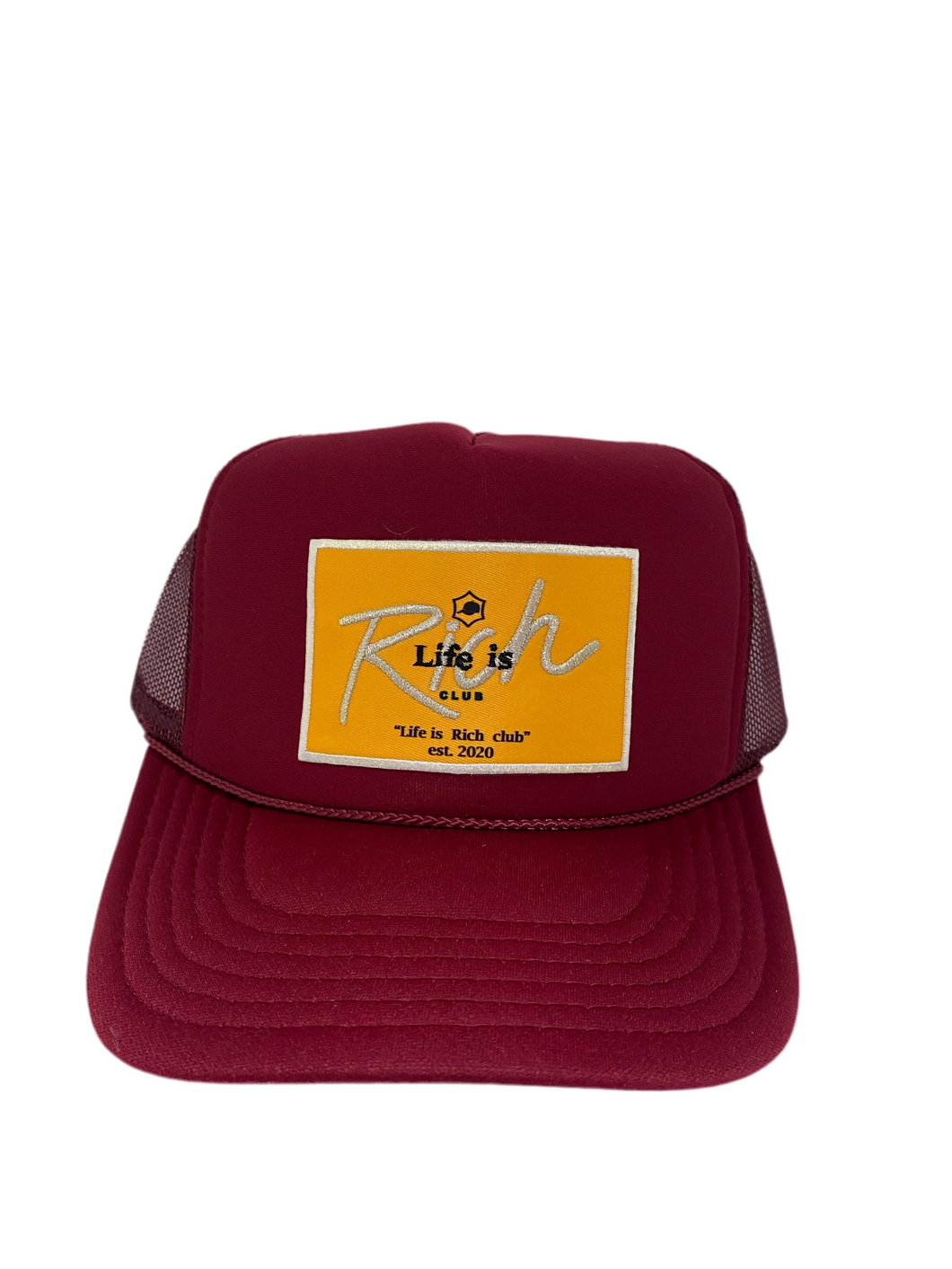Burgundy with Gold Rich Box Logo - 5 Panel High Crown Trucker Hat