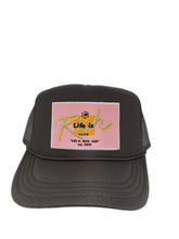 Load image into Gallery viewer, Charcoal Gray with Pink Rich Box Logo - 5 Panel High Crown Kids Trucker Hat
