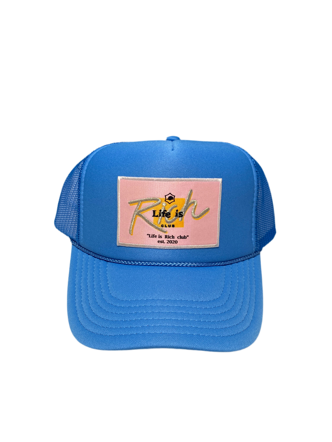 Carolina Blue with Pink Rich Box Logo- 5 Panel High Crown Trucker Hat